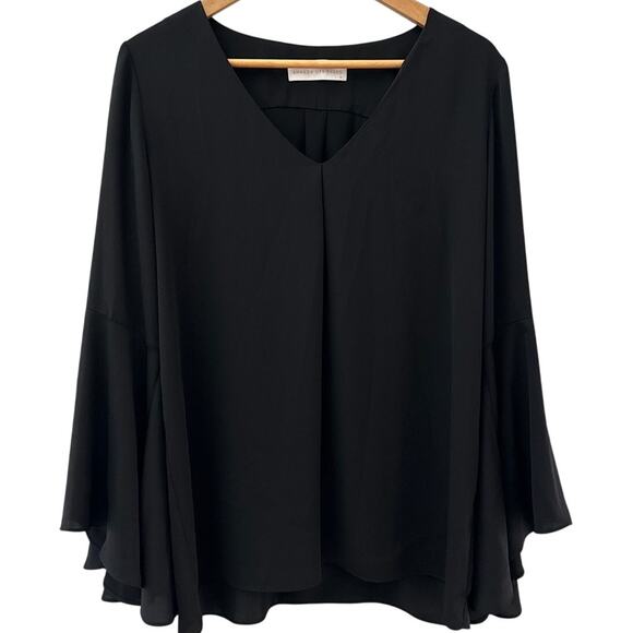Amanda Uprichard Laura Bell Sleeve V Neck Top Black Size Medium - Picture 2 of 10